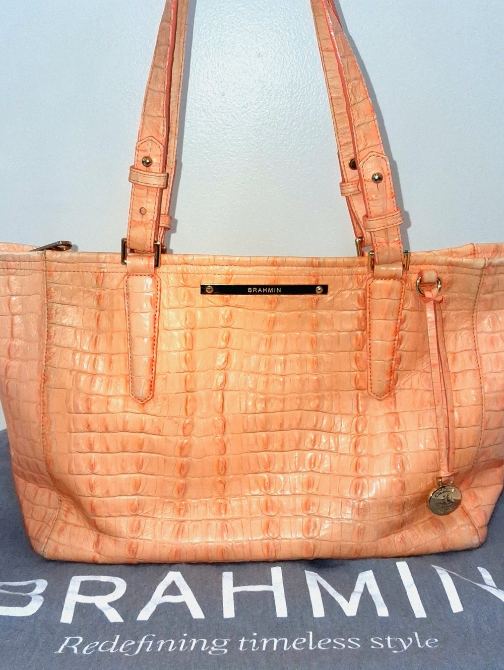 Brahmin Mai Tai La Scala Medium Arno Leather Tote Bag Orange Peach Pinks Croc